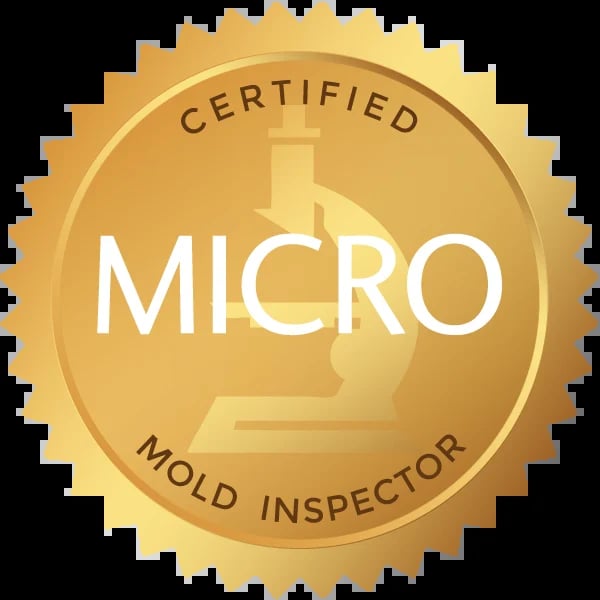 Gold certified mold inspector badge with microscope icon and radiating star border